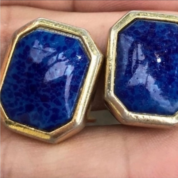 Vintage Christian dior gold faux lapis rectangle button studs clip on Earrings - Picture 2 of 8